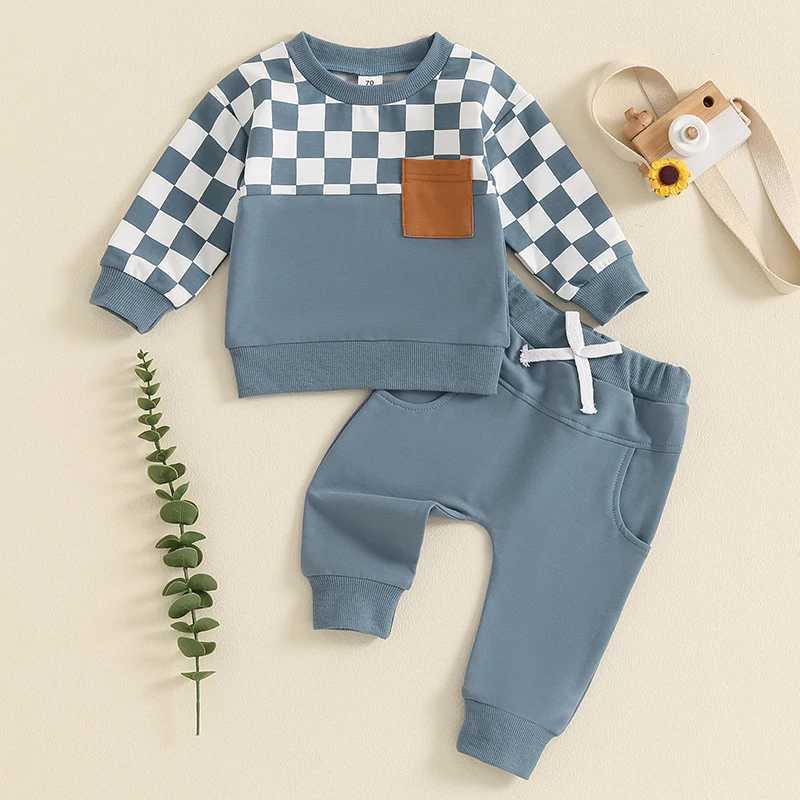 Clothing Sets 0-4Y Toddler Boys Fall Outfits Checkerboard Print Long Sleeve Pocket Sweatshirt and Pants Sets Kids Clothes Boy Tracksuits R240708