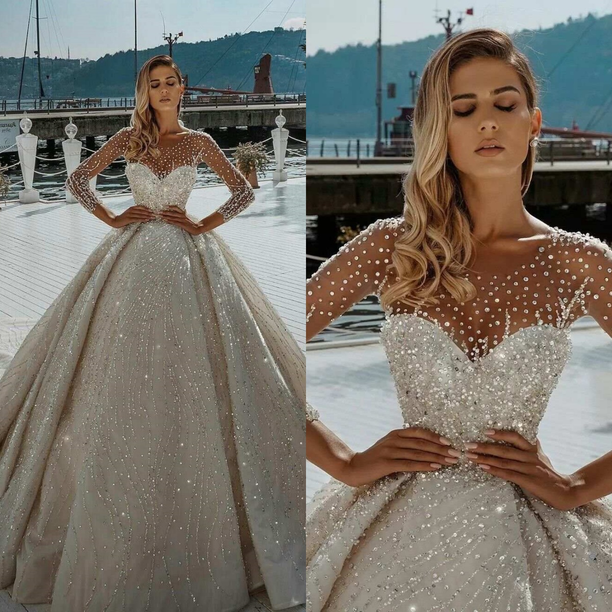 Gorgeous Ball Gown Wedding Dress Sequins Beaded O Neck Bride Gowns Sheer Lace Long Sleeve Bridal Dresses