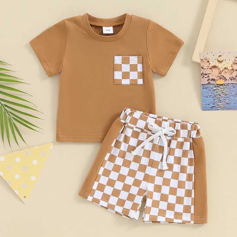 Clothing Sets 2023-12-27 Lioraitiin 0-3Y Toddler Baby Boy Summer Outfits Short Sleeve Tops Checkerboard Printed Shorts Clothes Set 2PCS R240708