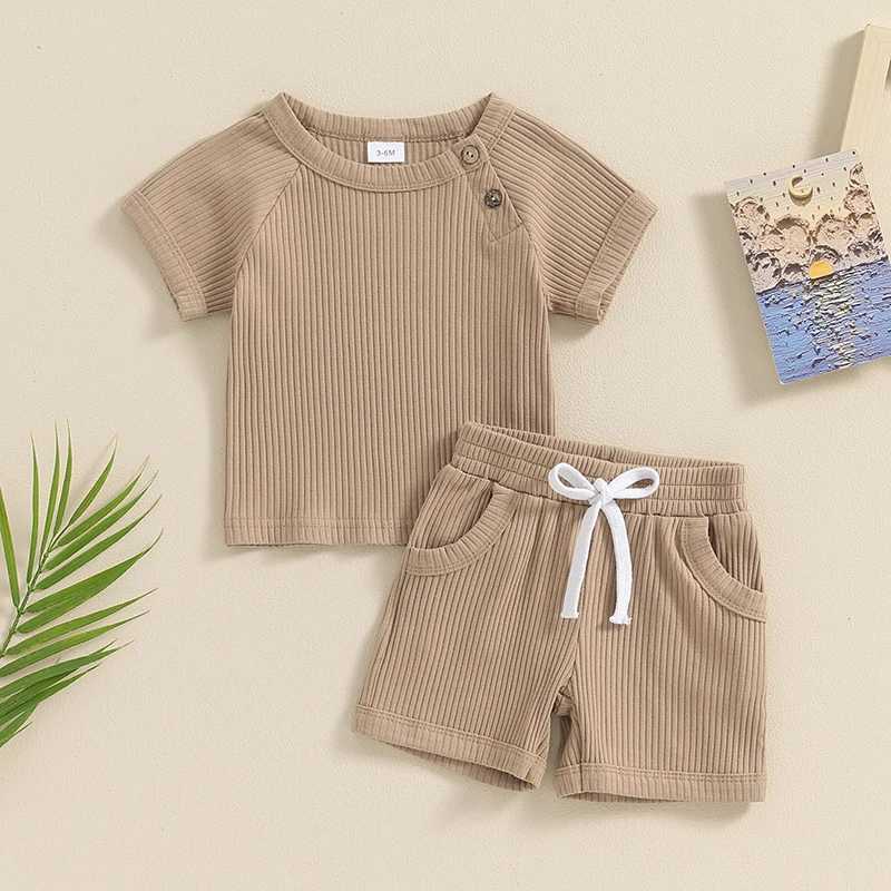 Clothing Sets 2024-04-03 Lioraitiin 3M-3Y Baby Boys Summer Outfits Solid Color Short Sleeves T-Shirt and Elastic Shorts Vacation Clothes Set R240708