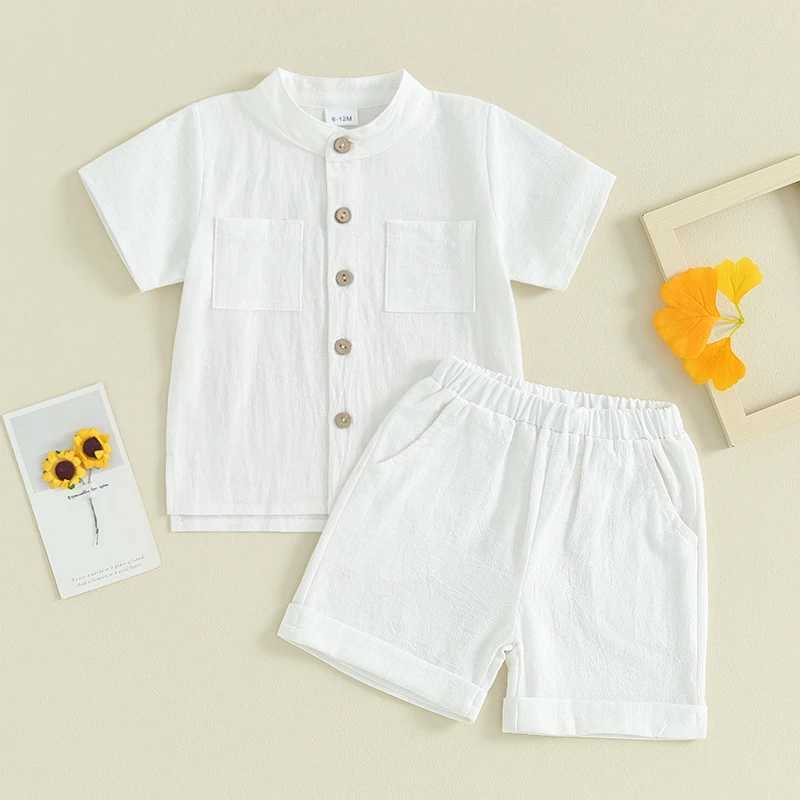 Clothing Sets Pudcoco Kids Boys Summer Linen Outfits Solid Color Buttons Short Sleeve Tops and Elastic Waist Shorts 2Pcs Clothes Set 6M-5T R240708