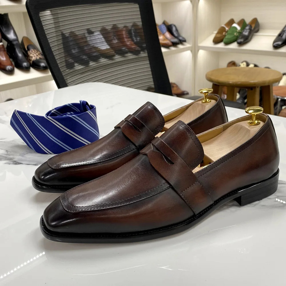 2025 new Classic Mens Penny Loafers Cow Leather Dress Brown Handmade Slip on Italian Style Office Formal Shoes 240702