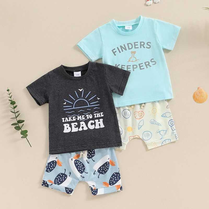 Clothing Sets 2024-04-03 lioraitiin 3M-3Y Summer Toddler Boys Beach Shorts Sets Short Sleeve Letter Print Tops and Drstring Shorts Sets R240708