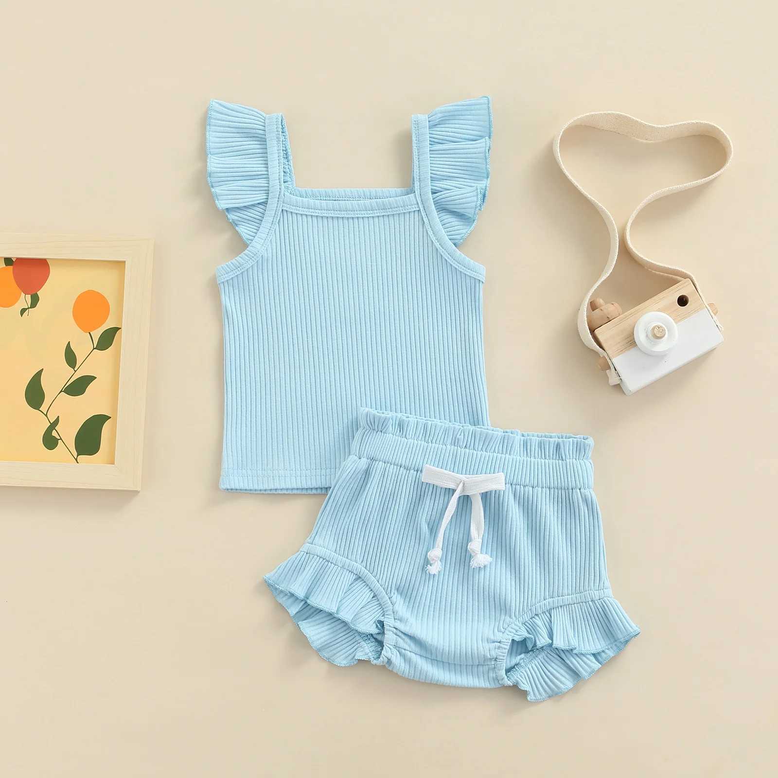 Clothing Sets Newborn Infant Baby Girl Two-Piece Solid Outfits Solid Color Flying Sleeve Romper + Elastic Drstring Short Pants R240708