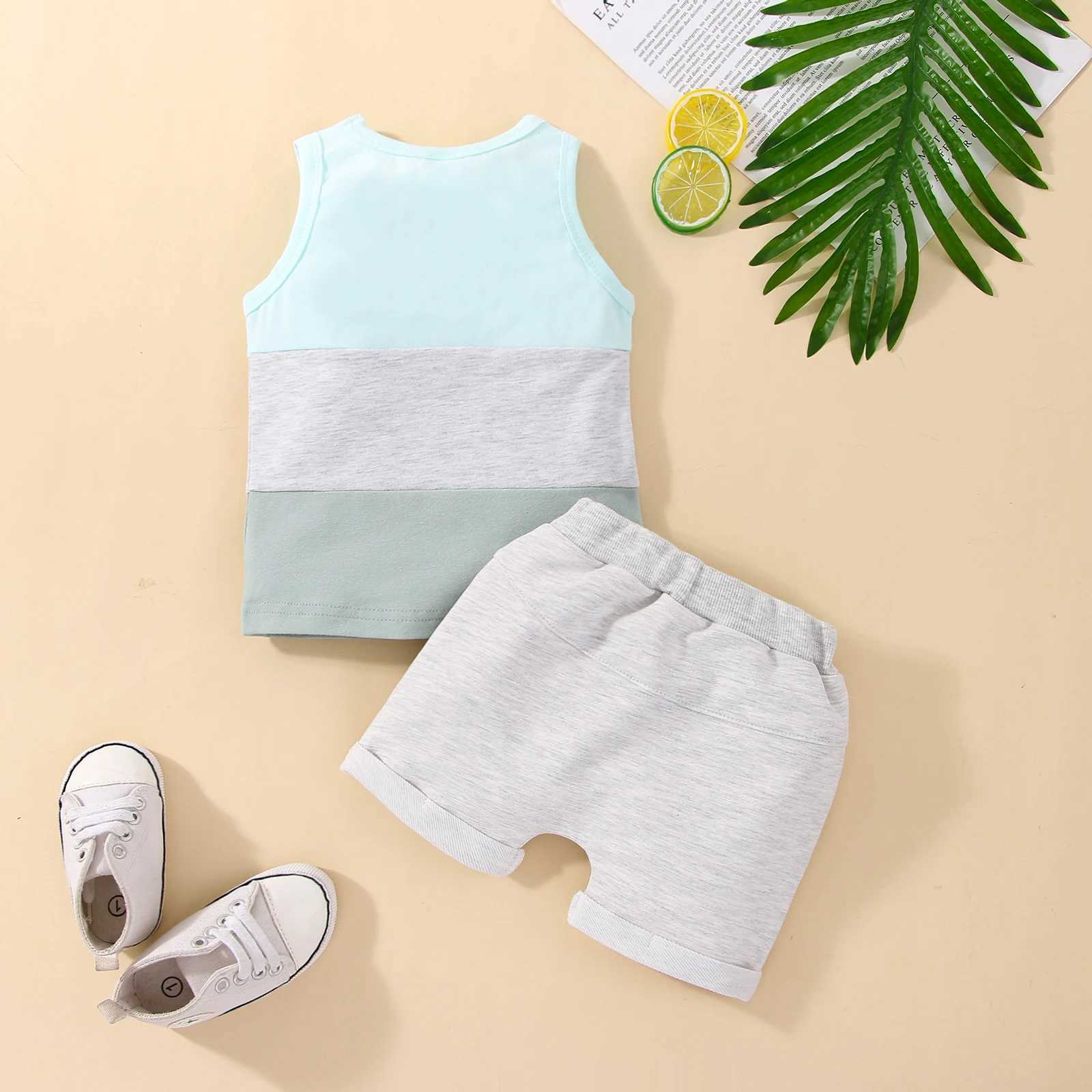 Clothing Sets Infant Baby Boys 2PCS Pants Suit Sleeveless Patchwork Crew Tank Tees + White Straps Short Pants Toddler Boys Casual Outfit R240708