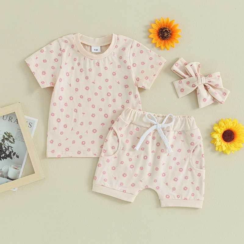 Clothing Sets 2023-12-14 Lioraitiin Toddler Baby Girls Clothes Sets Floral Print Short Sleeve T-shirtswith Shorts and Hairband Summer Outfit R240708