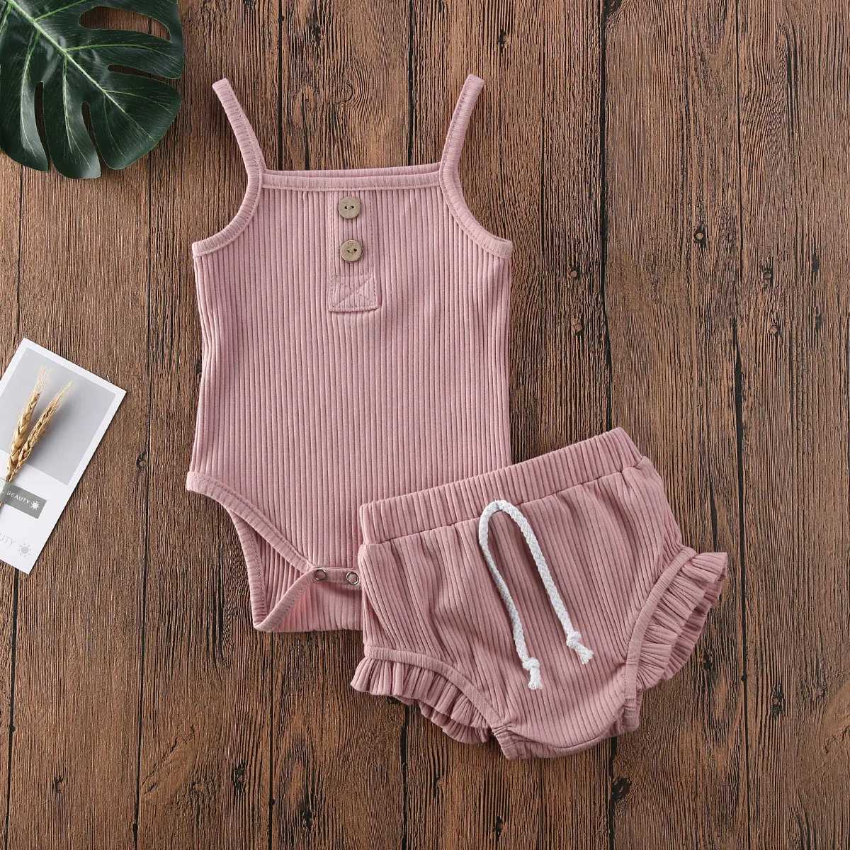 Clothing Sets 2020 Baby Summer Clothing 2PCS Newborn Baby Girl Solid Clothes Knitted Vest Crop Tops Vest Shorts Pants Ribbed Outfit R240708