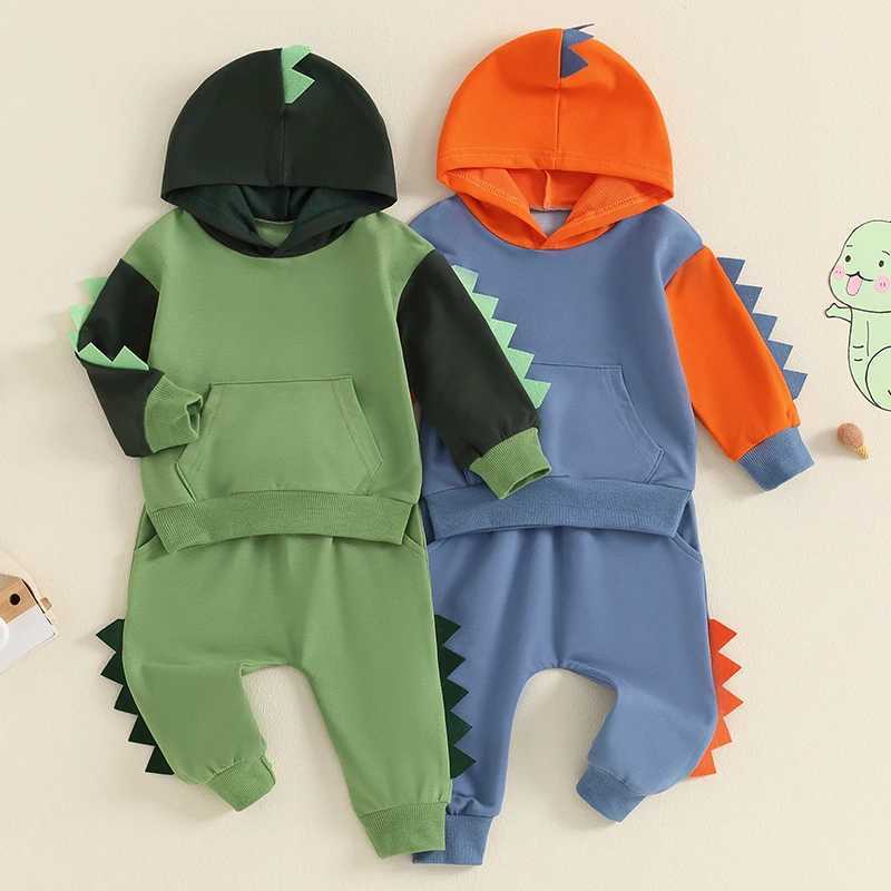 Clothing Sets Toddler Boy Dinosaur Outfits Contrast Color Long Sleeve Hoodie ad Elastic Waist Pants 2 Piece Sets Baby Clothes Fall R240708