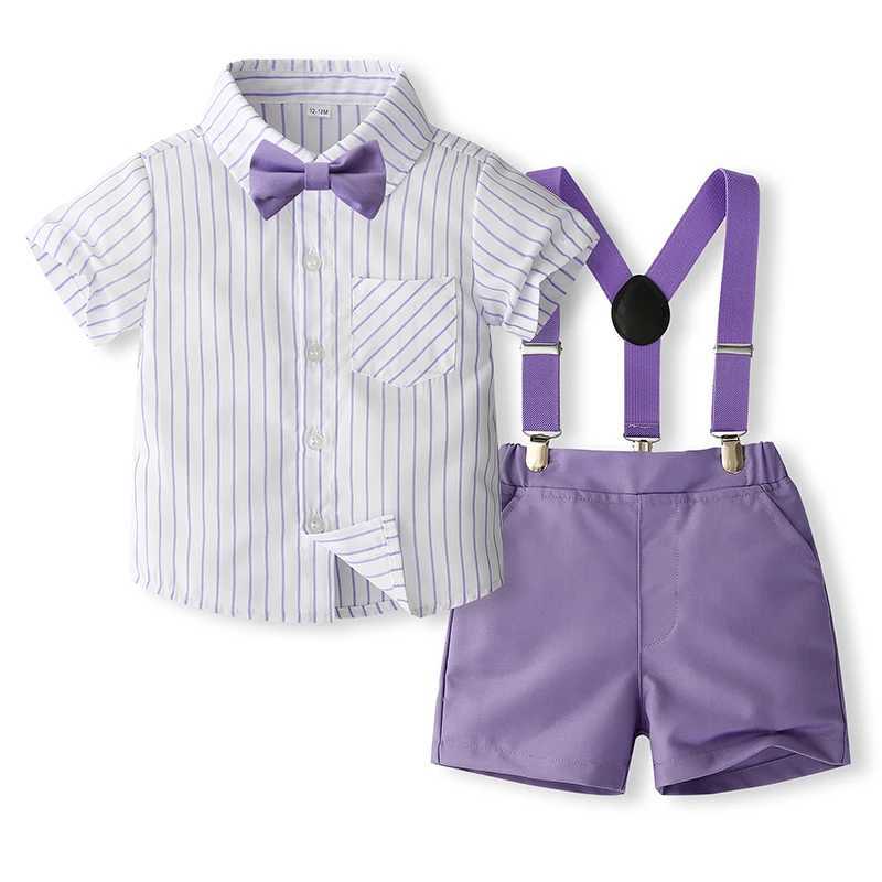 Clothing Sets Kid Boy Gentleman Outfit Vertical Stripe Print Short Sleeves Shirt with Bow Tie and Suspender Shorts Set for Formal Wear