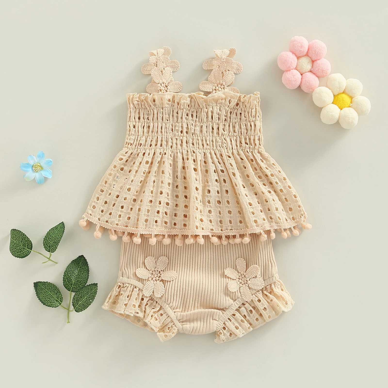 Clothing Sets Toddler Baby Girls Summer Outfit Solid Color Cutout Pleated Tank Tops and Stretch Casual Ruffle Shorts 2Pcs Set R240708