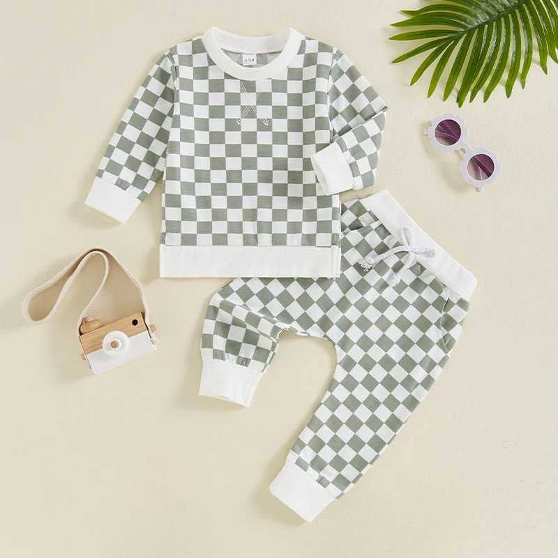 Clothing Sets Fashion Plaid Print Baby Boys Outfits Fall Toddler Clothes Set Sweatshirt Tops Elastic Waist Pants 2PCS Children Clothing Suit