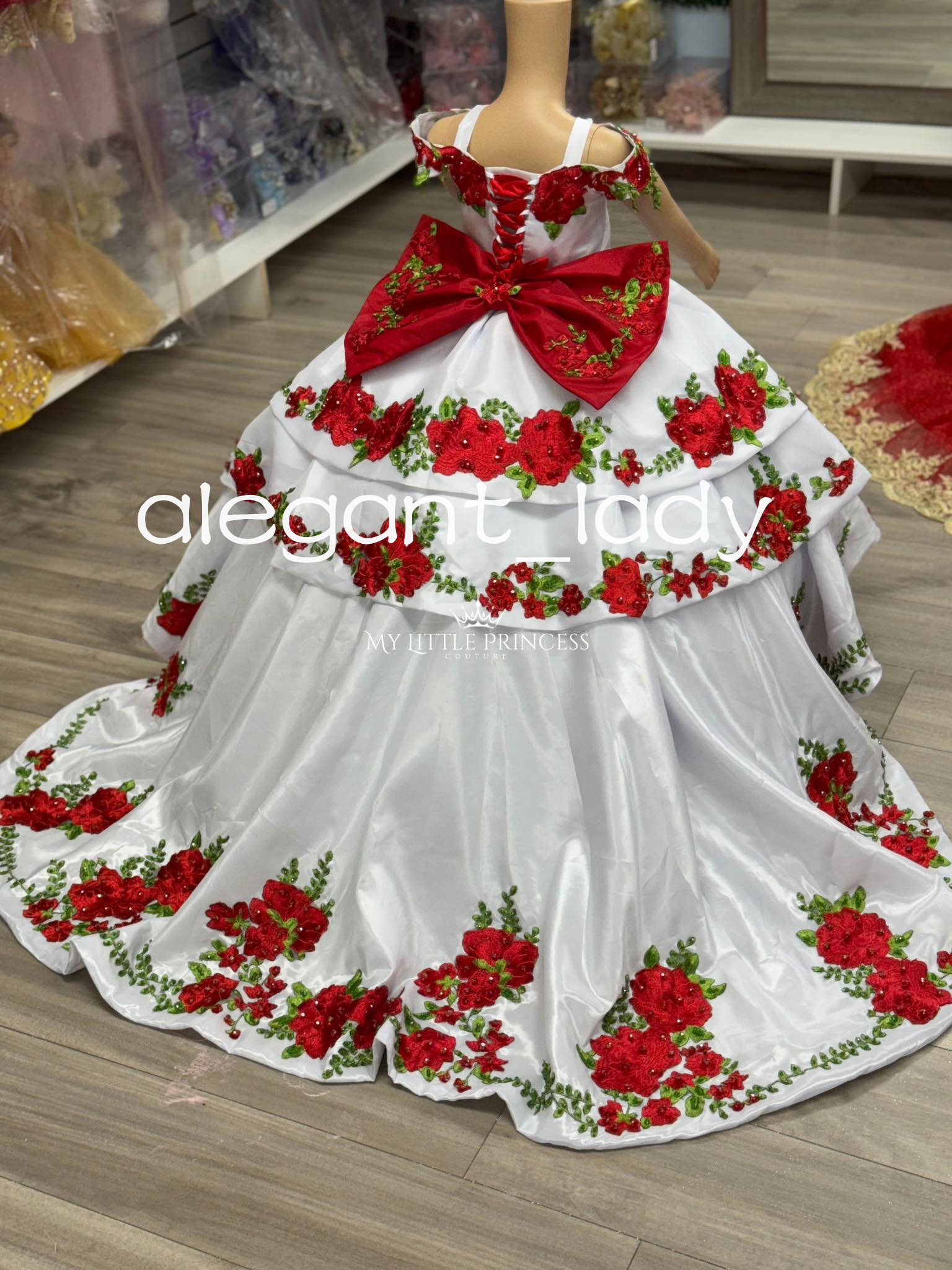 White Red Charro Mexican Mini Quinceanera Dresses with Big Bow 2025 Floral Toddler Pageant Birthday Party Flower Girl Dress