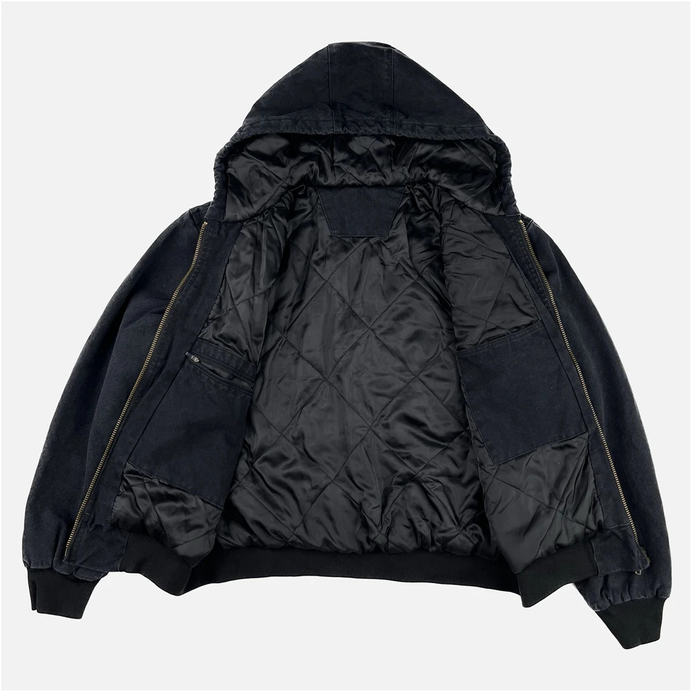 Washed Canvas Padded Jacket Men Unisex Zipper Hooded Coat Streetwear 240701
