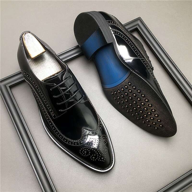 HKDQ Genuine Leather Men Brogue British Oxford Dress Fashion Wedding Pointed Tip Lace Up Business Shoes Formal Blue Shoe