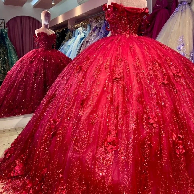 Red Shiny Quinceanera Dresses Sleeveless Crystal Sequined Ball Gown Off The Shoulder Applique Lace Beads Corset Vestidos 15 Para