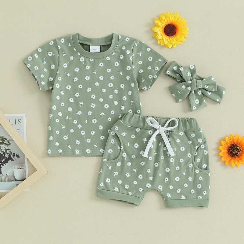 Clothing Sets 2023-12-14 Lioraitiin Toddler Baby Girls Clothes Sets Floral Print Short Sleeve T-shirtswith Shorts and Hairband Summer Outfit R240708