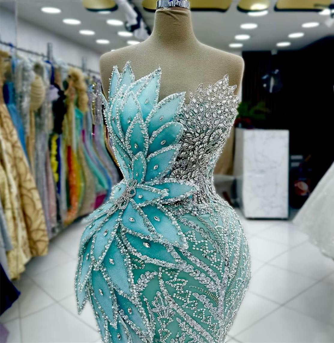 2024 Aso Ebi Sage Prom Dresses Crystals Florals Sequined Evening Formal Party Second Reception Birthday Celebrity Engagement Gowns Dress Robe De Soire