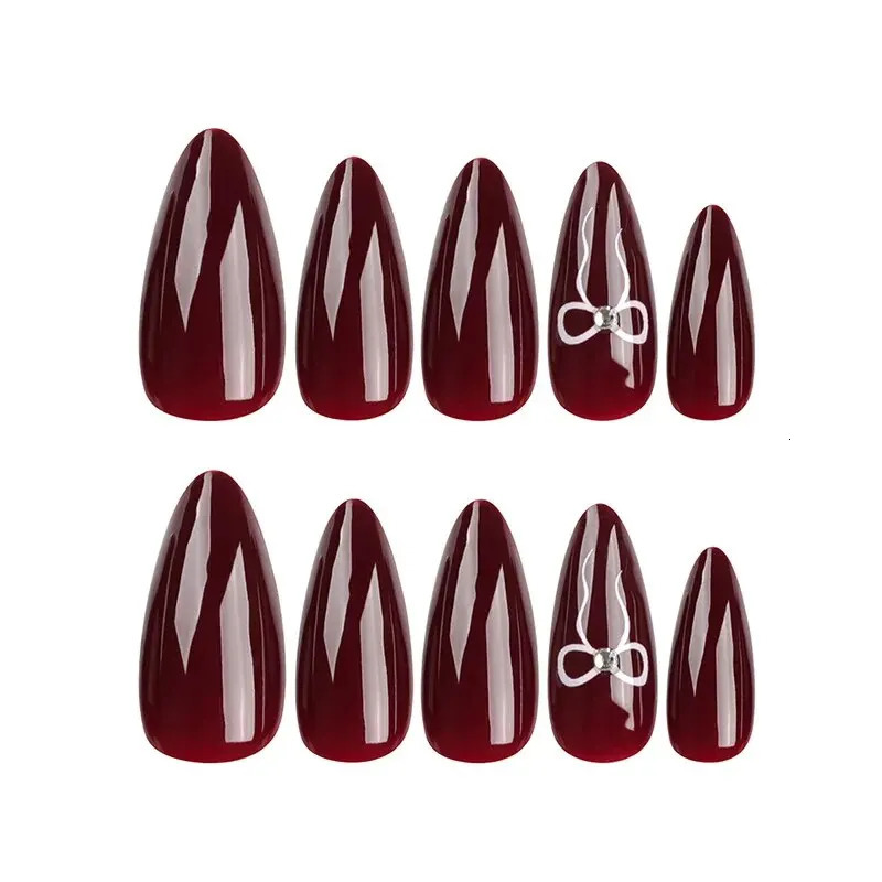 24 pieces of Valentines Day long almond shaped novel wind bow rhinoceros diamond nails with 1 file and 1 jelly gel 240705