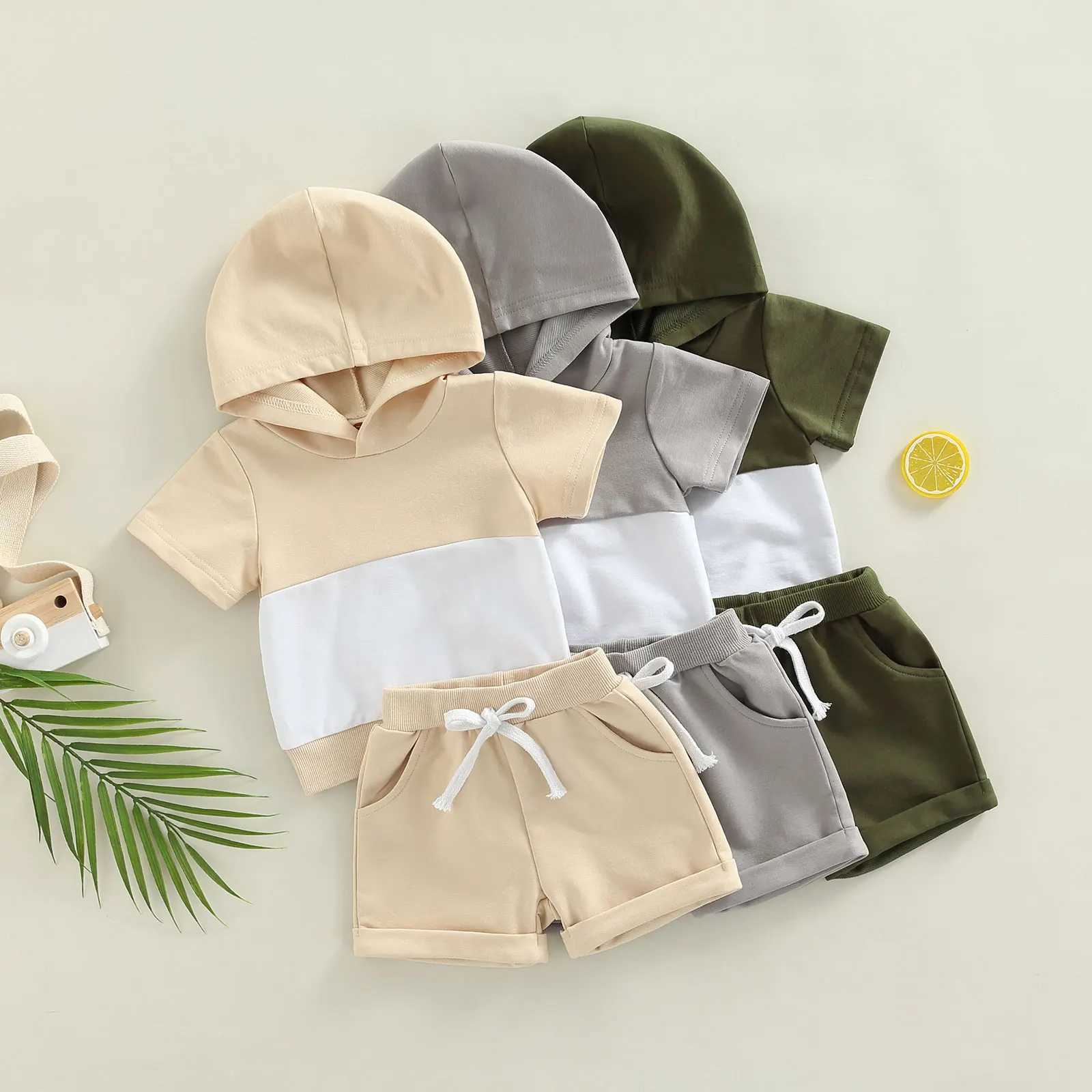 Clothing Sets 2022-05-20 Lioraitiin 0-4Years Toddler Baby Boys Hooded Short Sleeve Tops Shorts Color Matching Casual Style Summer Clothing R240708