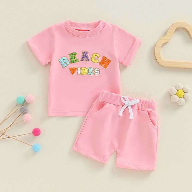 Clothing Sets 2024-04-25 Lioraitiin Baby Girls Shorts Set Short Sleeve Embroidery Letters T-shirt with Elastic Waist Shorts Summer Outfit R240708