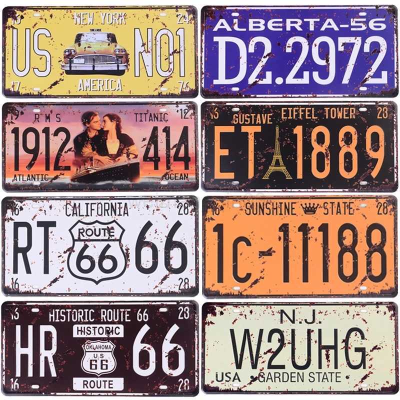 Route 66 Car Number License Metal Painting Sign Vintage France USA Brazil Mexico Plaque Tin Signs Retro Coffee Movie Route 66 Wall Decor for Bar Pub C