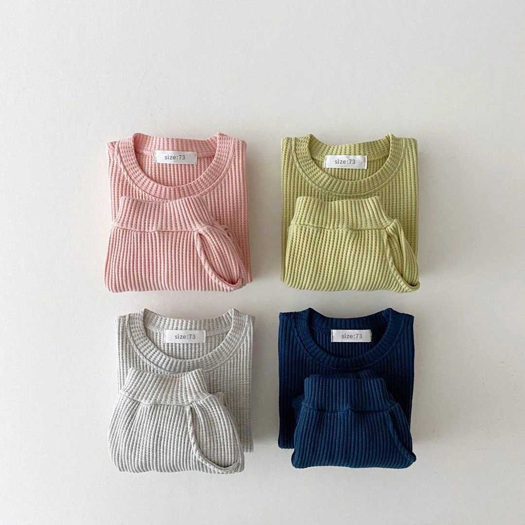 Clothing Sets Korean Baby Clothing Sets Waffle Cotton Kids Boys Girls Clothes Spring Autumn Loose Tracksuit Pullovers Tops+Pants 2PCS Sets