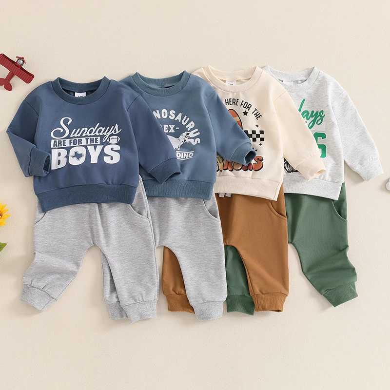 Clothing Sets 2024-05-27 Lioraitiin Baby Boy 2 Piece Fall Outfit Letter Rugby Print Long Sleeve Sweatshirt Elastic Waist Pants with Pockets S8U7