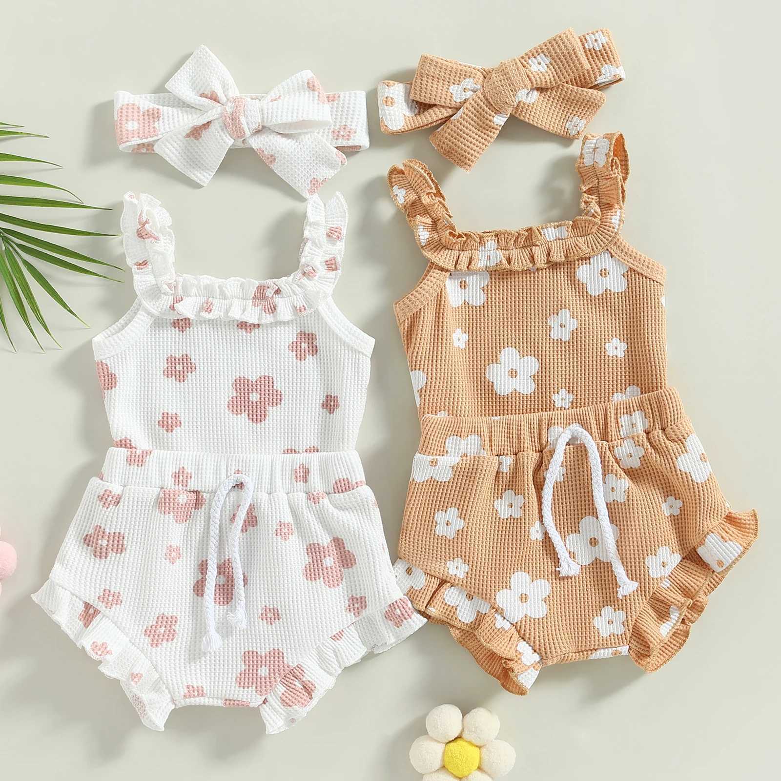 Clothing Sets Infant Newborn Baby Girls 3Pcs Summer Outfits Floral Sleeveless Strap Romper + Shorts + Headband Set 0-18M R240708
