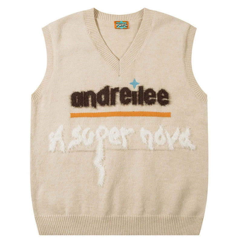 Harajuku Retro Embroidery Letter Jumper Knit Sweater Vest Aesthetics Korean Sleeveless Sweater Loose Couple Sweater Womens Y2K 240704