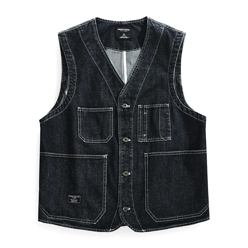 American Denim Workwear Vest Mens Mountain Outdoor Camping Spring Autumn Multi Pockets Vest Coat Y2K Youth Male Vintage Casual 240704