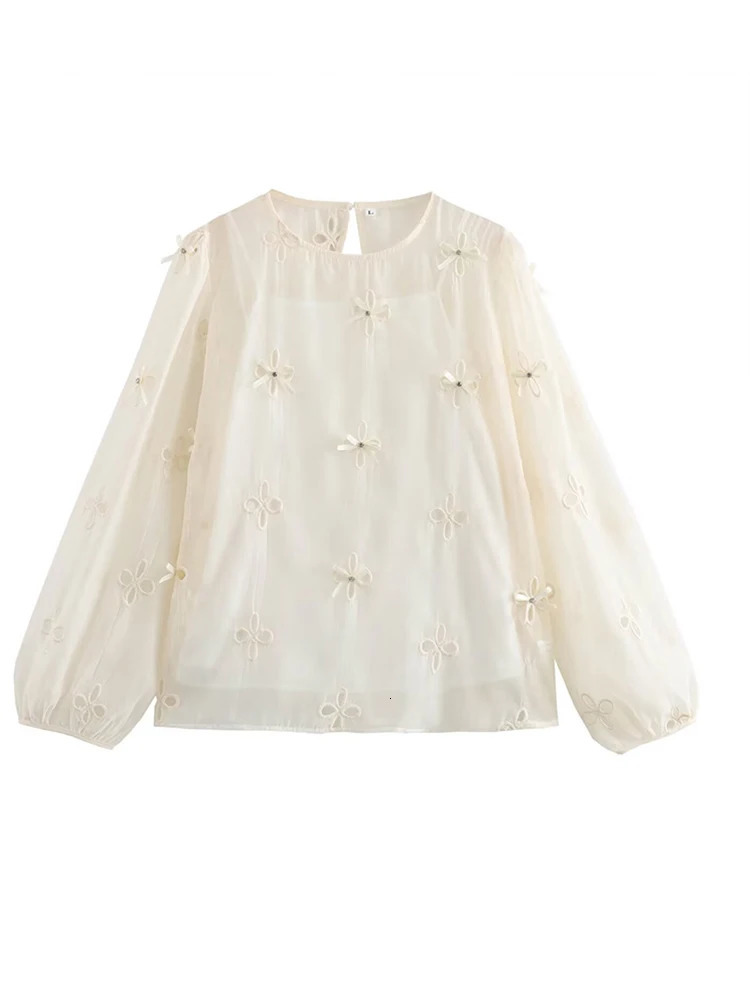 Bow Hollow Out Women Blouse O-neck Lantern Sleeve Loose Embroidery Female Shirt 2024 Spring Summer Fashion Solid Lady Shirts 240703