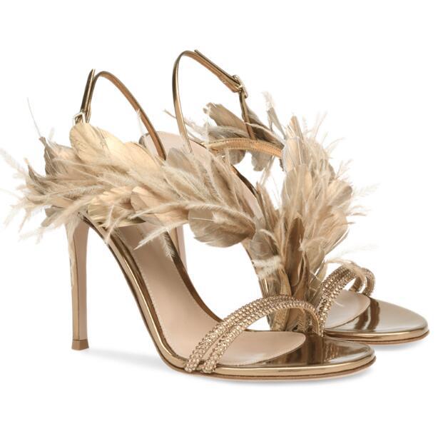 Exquisite Feathers Wedding Shoes Open Toe Sheepskin 9.5 CM High Heels Lady Formal Party Dresses Stiletto Heel
