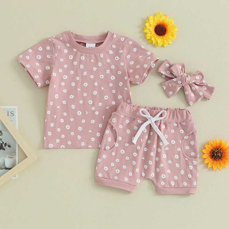 Clothing Sets 2023-12-14 Lioraitiin Toddler Baby Girls Clothes Sets Floral Print Short Sleeve T-shirtswith Shorts and Hairband Summer Outfit R240708