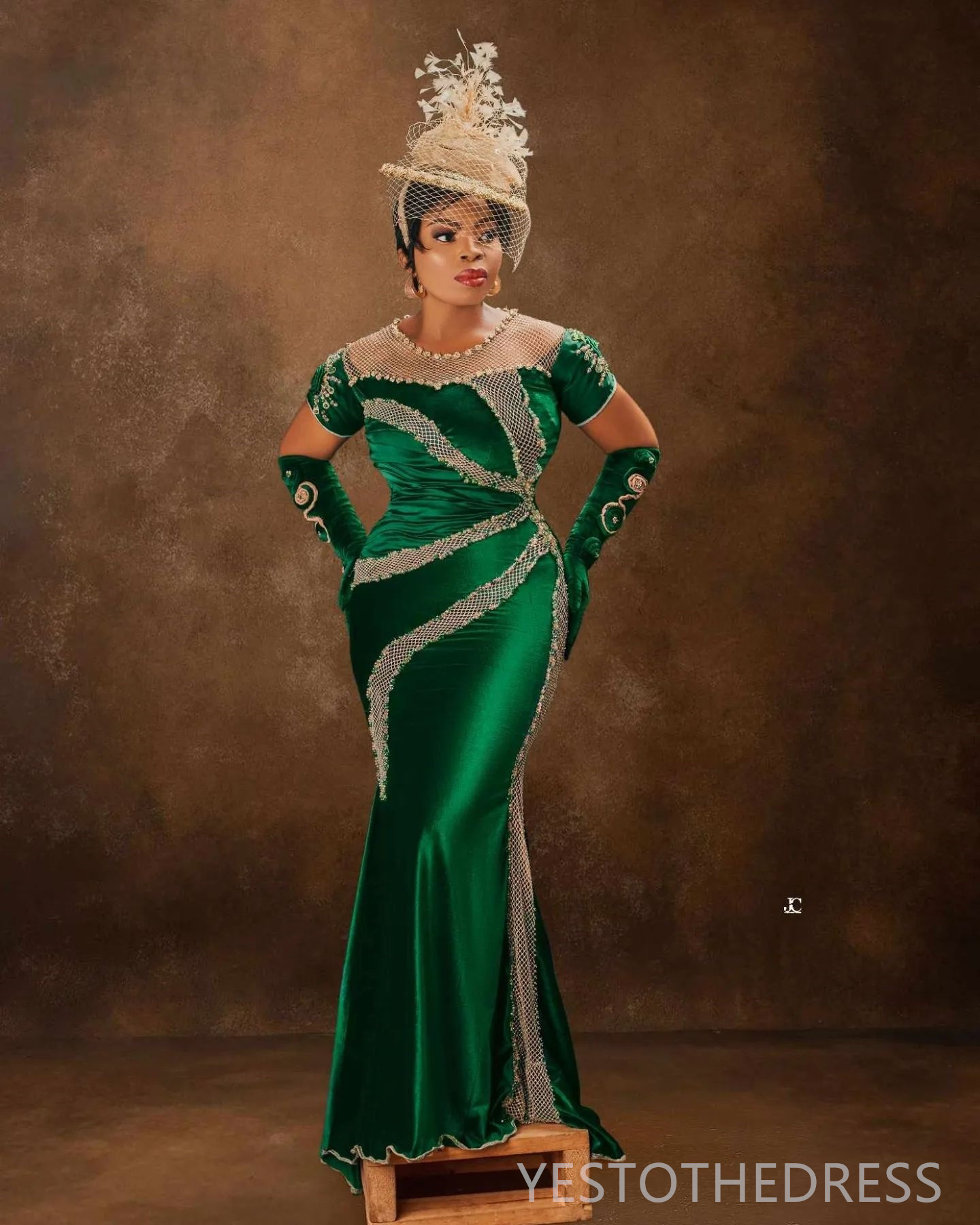 R&W 2024 Aso Ebi Classic Green Prom Dresses For Special Ocns Mermaid Promdress Evening Formal High Neck Short Sleeves Beaded Crystals Birthday Gowns A