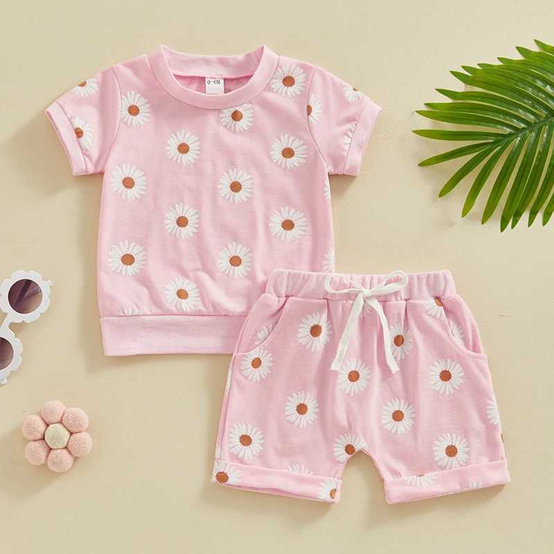 Clothing Sets Lioraitiin Toddler Newborn Baby Girls Summer Clothes Short Sleeve Daisy Print Crew Neck T-Shirt Elastic Rolled Shorts Set R240708