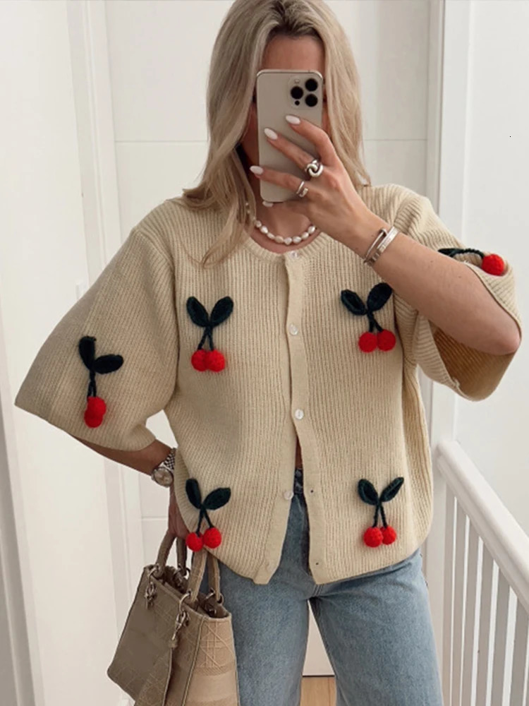 3d Cherry Knit Shirts Women Fashion O-neck Single Breasted Half Sleeve Open Stitch Female Blouses 2024 Spring Summer Lady Tops 240703