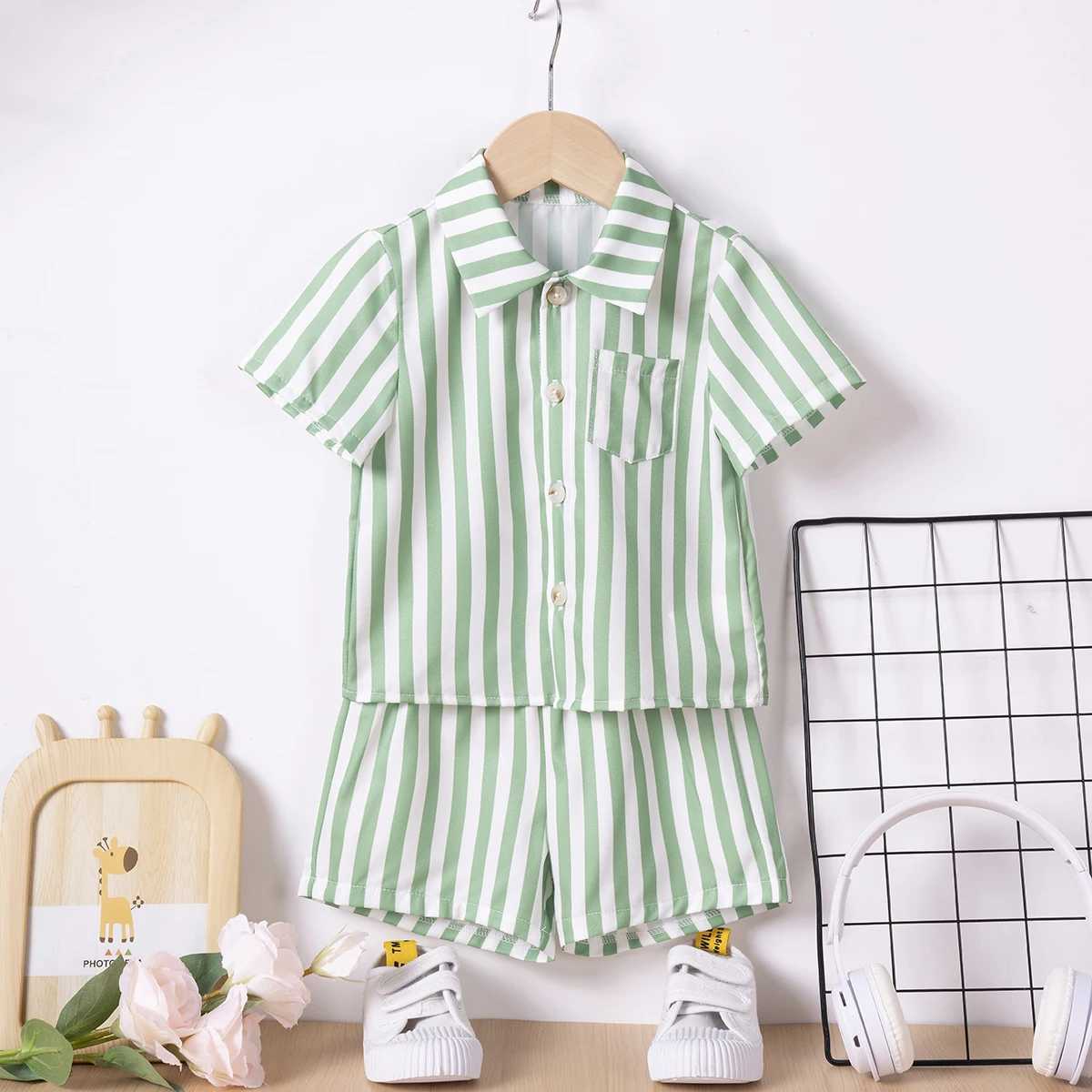Clothing Sets New Boys Summer Shirt Short Sleeve Suit Sewn Striped Loose Suit Casual T-Shirt and Shorts Kids Clothing Suit R240708