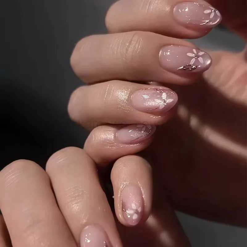 24Pcs Almond Fake Nails Gradient Pink Flower Designs Full Cover False Nails for Women Spring Summer Press on Nails Tips 2024M240708