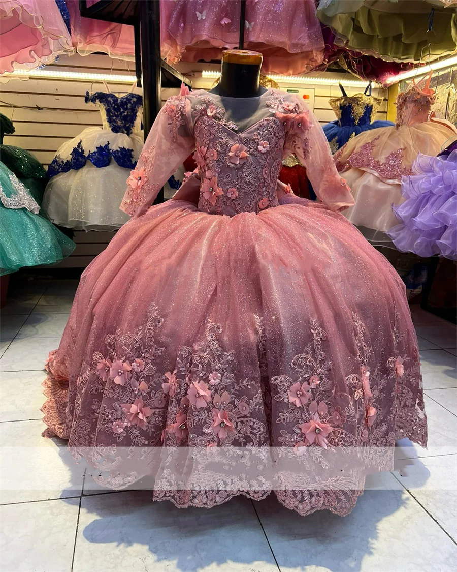 New Arrival Dust Pink wer Girls Dress Long Sleeves Princess Applique Pearls Crystals Beads Child Birthday Party Ball Gown