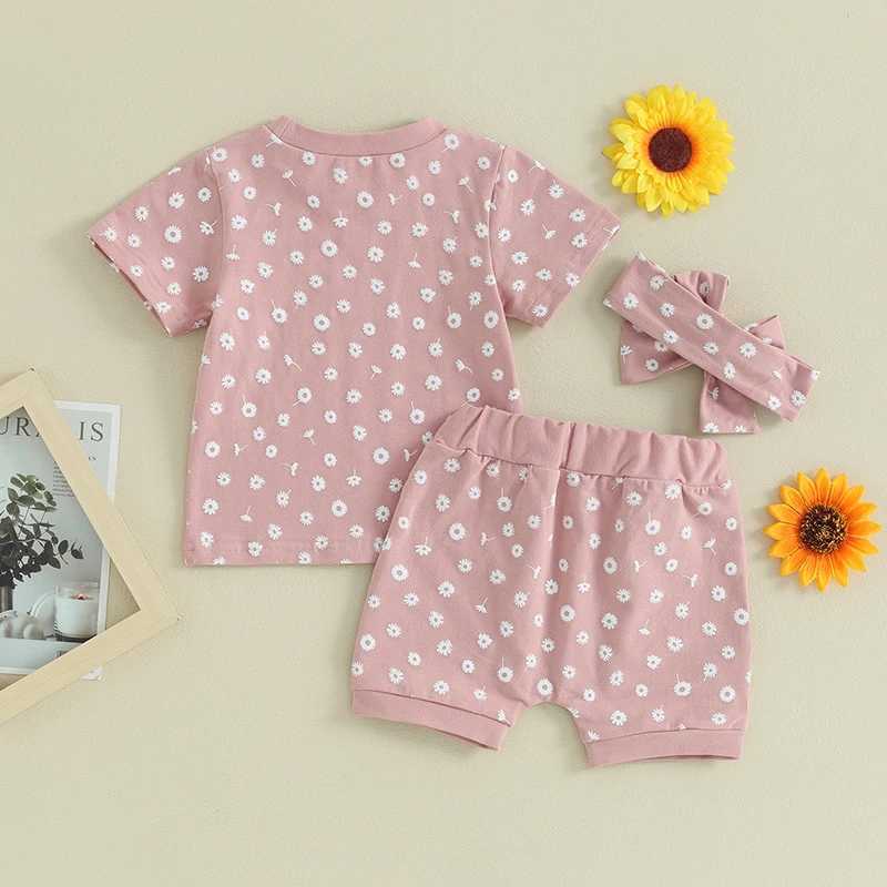 Clothing Sets 2023-12-14 Lioraitiin Toddler Baby Girls Clothes Sets Floral Print Short Sleeve T-shirtswith Shorts and Hairband Summer Outfit R240708