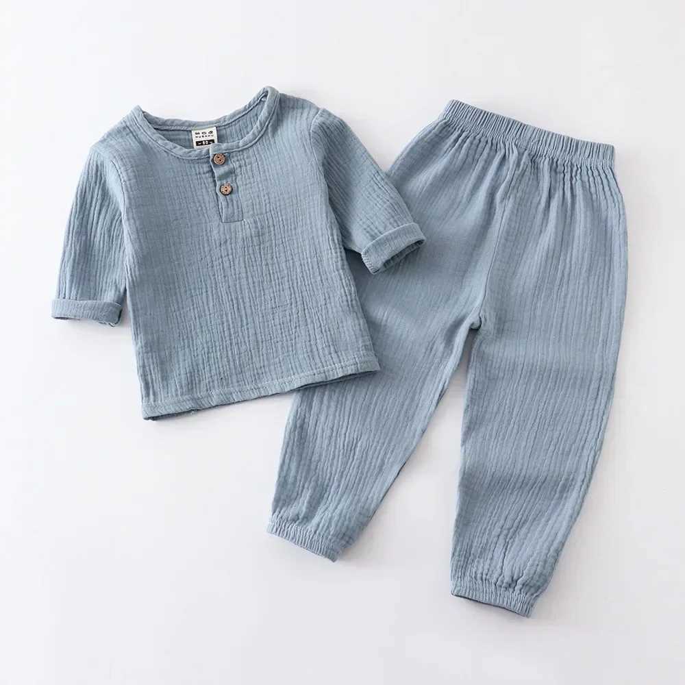 Clothing Sets 0-6Years Soft Sets Shirt Wholesale Childrens Spring Summer Organic Cotton Set Boys Girls Thin Solid Color Soft Muslin Clothes R240708