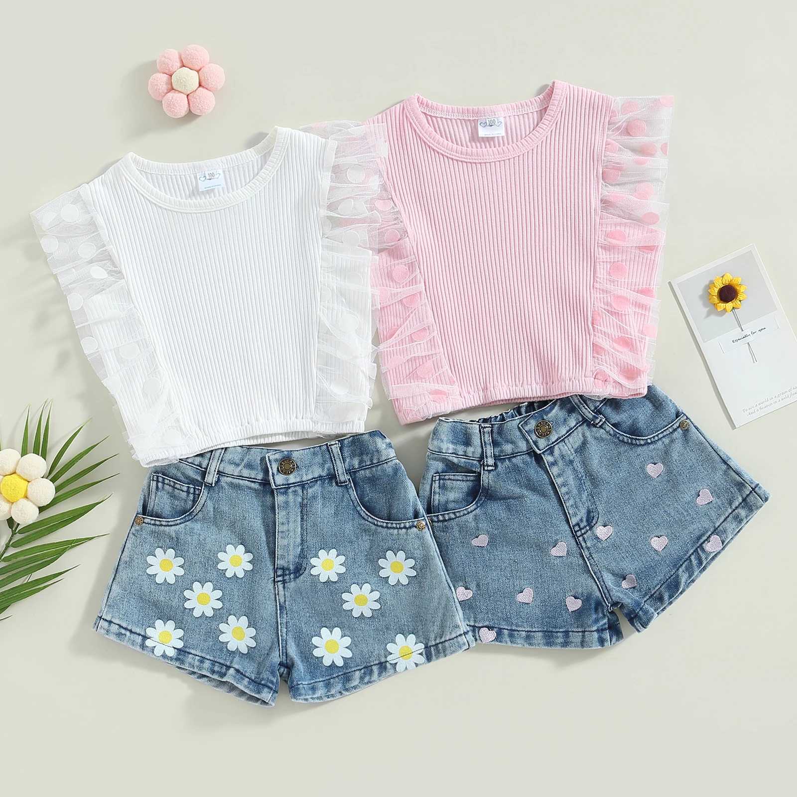 Clothing Sets Toddler Kids Baby Girls Summer 2PCS Outfit Sets White Ruffle Sleeve Ribbed Tops + Daisy Print Denim Shorts 1-6T R240708
