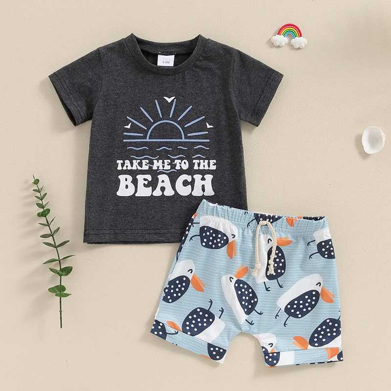 Clothing Sets 2024-04-03 lioraitiin 3M-3Y Summer Toddler Boys Beach Shorts Sets Short Sleeve Letter Print Tops and Drstring Shorts Sets R240708