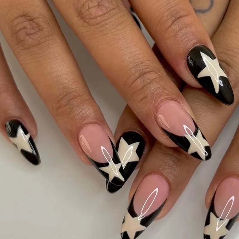 24 long French black edged star nails with 1 jelly gel and 1 nail file 240705
