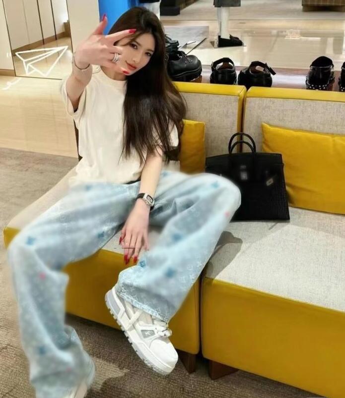 24ss New women Spring Casual pants designer jean pant paris Colorful letter embroidery jacquard fabric denim Free shipping