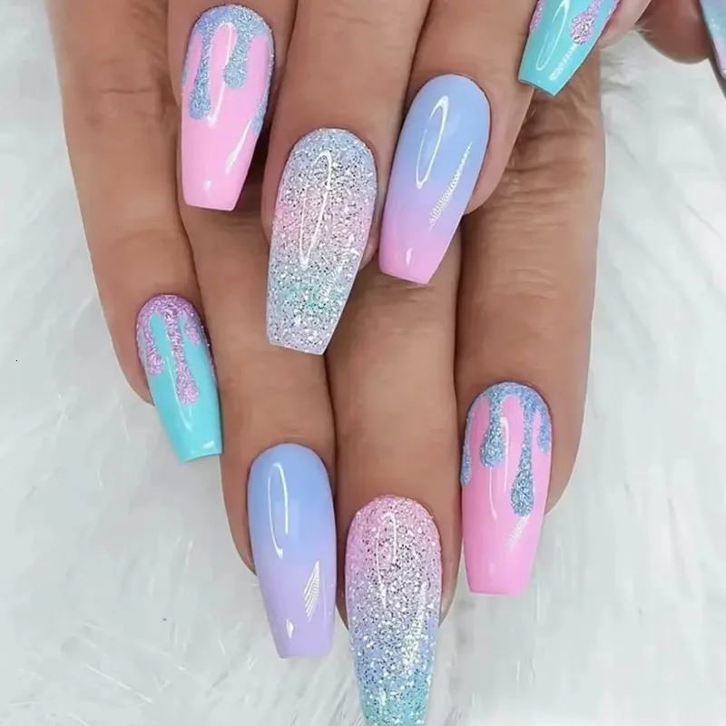24Pc/Lot Light Pink Blue Gradient Long Ballet False Nail Acrylic Pressing Nail Tip Detachable Artificial Wear False Nail Art 240705