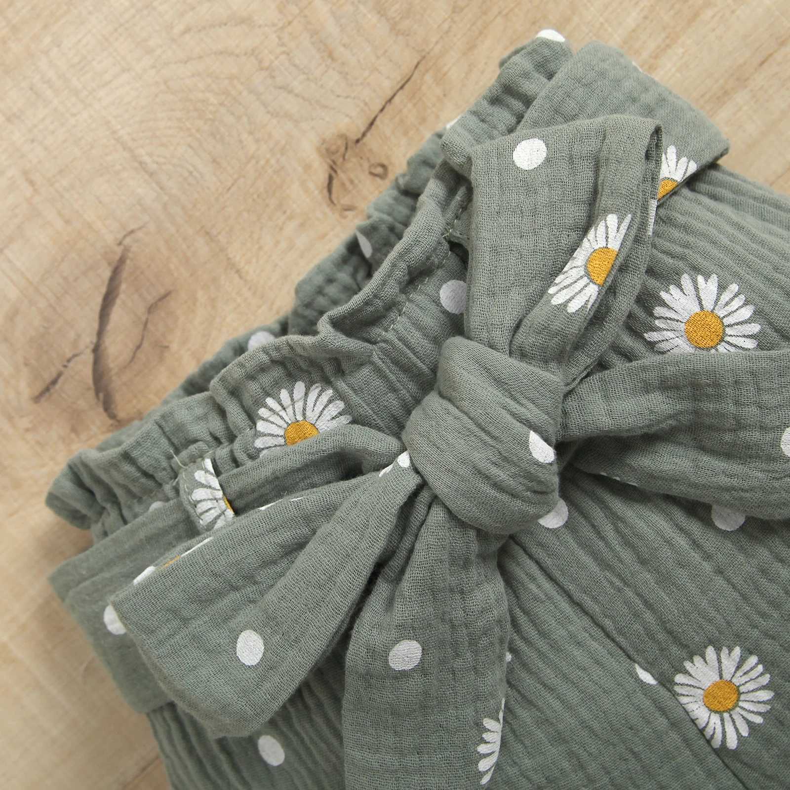 Clothing Sets Infant Baby Girls 3PCS Romper Suit Long Sleeve Plain Ribbed Snap Romper + Daisies Ruched Long Pants with Belt + Bow Headband R240708