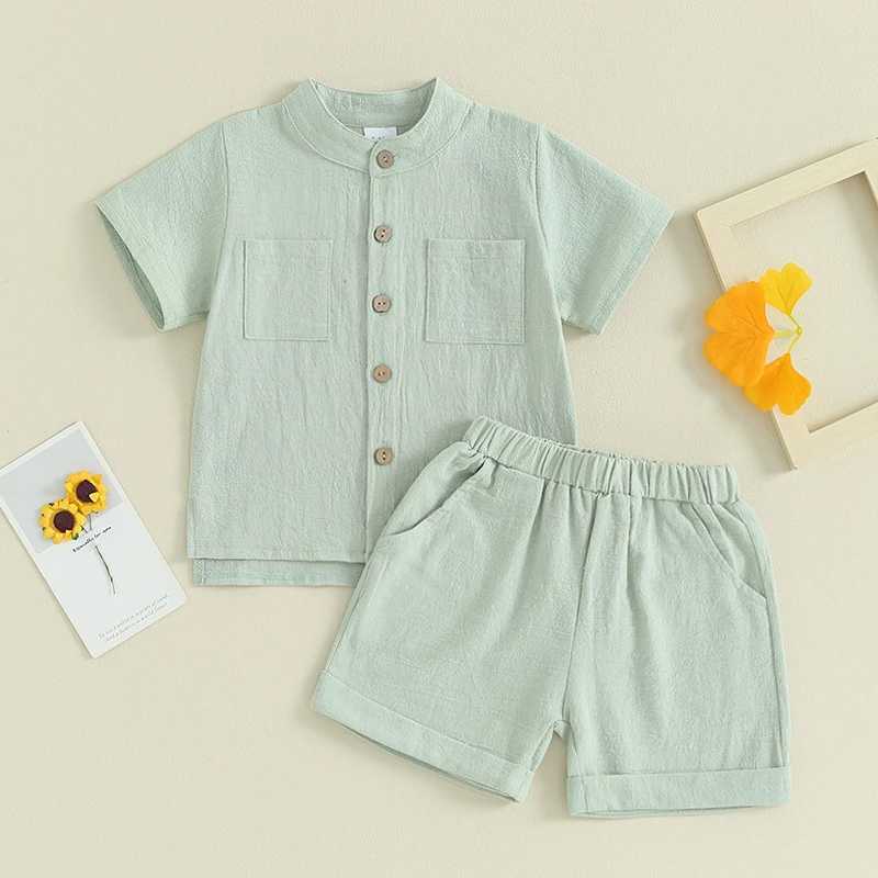 Clothing Sets Pudcoco Kids Boys Summer Linen Outfits Solid Color Buttons Short Sleeve Tops and Elastic Waist Shorts 2Pcs Clothes Set 6M-5T R240708