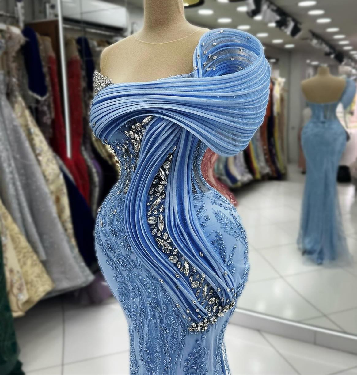 2024 Aso Ebi Sky Blue Prom Dresses Crystals Sequined Lace Evening Formal Party Second Reception Birthday Celebrity Engagement Gowns Dress Robe De Soir