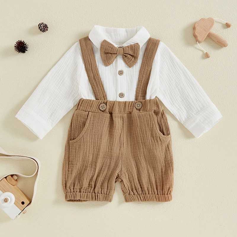 Clothing Sets 0-4Y Toddler Boys Autumn Outfits Long Sleeve Lapel Shirts with Bow Tie + Solid Color Shorts Overall Sets Kids Gentleman Clothes R240708